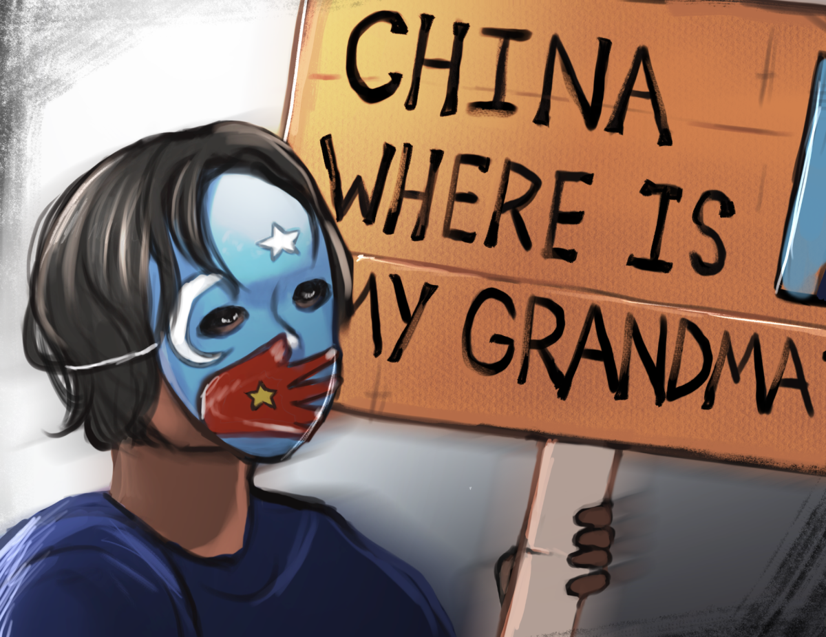 A child wears a mask symbolizing China’s suppression of Uyghurs as he questions the status of his grandma. Illustrated by Rachel Neathery. 

